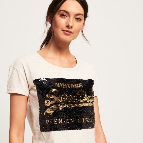 Superdry | SEQUIN SLIM BOYFRIEND T-SHIRT |  Sold out | Off White | Women's 8 | M - Picture 9 of 16